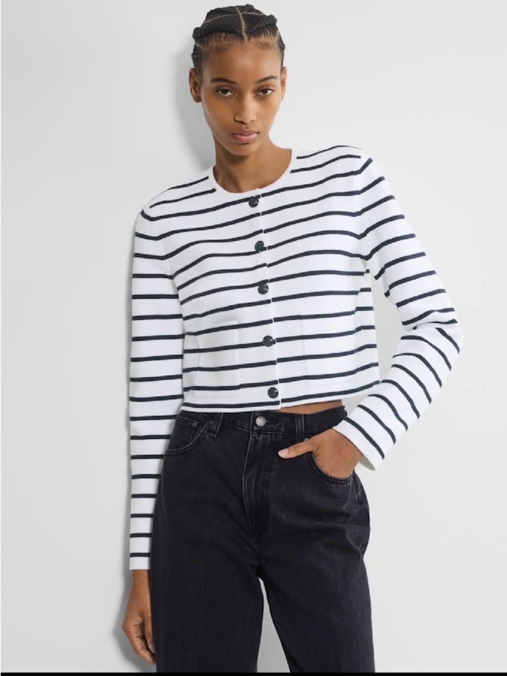 Aritzia Striped Cropped Button Cardigan - White & Black